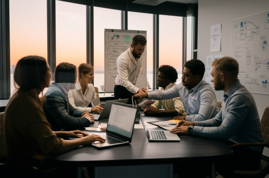 Team discussing strategy in office
